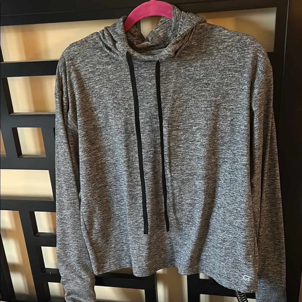 Gray Hooded Sweatshirt with Black Drawstrings